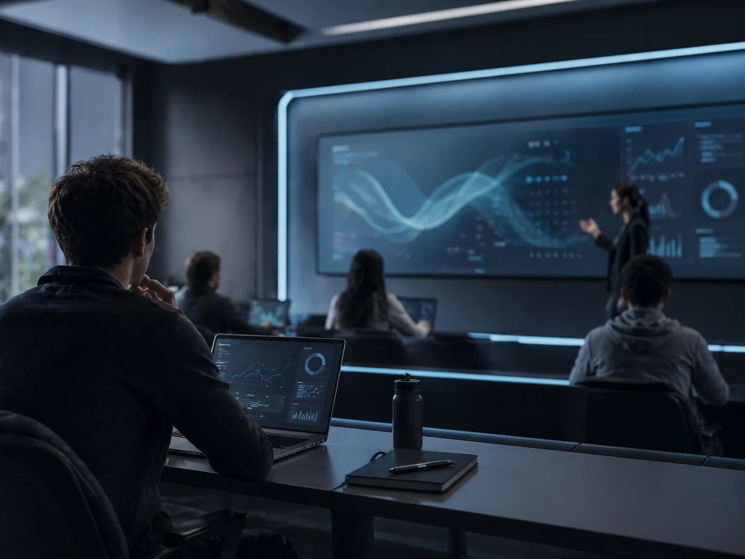 Dark enterprise training room with analytics displays