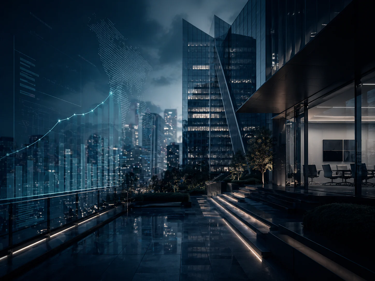 Premium enterprise building with financial analytics overlay